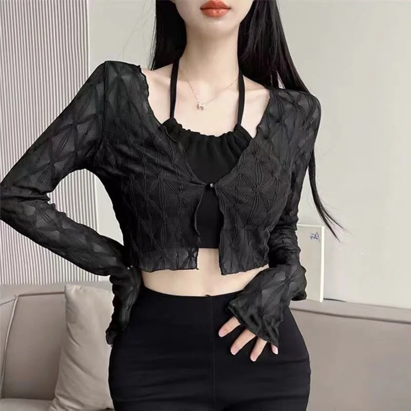 Summer Thin Sun Protection Cardigan Women Korean Loose V-neck Lace Crop Tops Y2K Ladies Fashion Argyle All-match Cardigan New