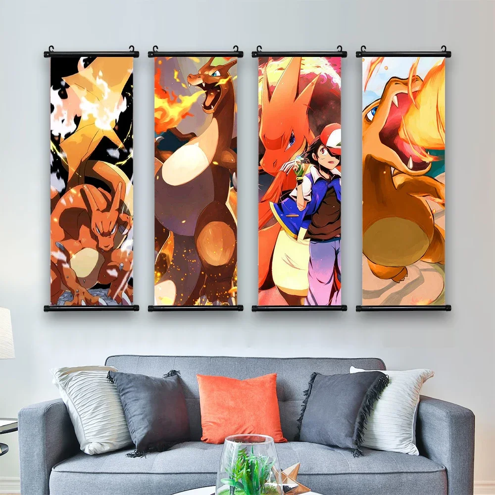 Pokemon Japanese Anime Peripheral Modern Room Decoration Charizard Canvas Painting Wall Hanging Scrolls Poster HD Decor Gift