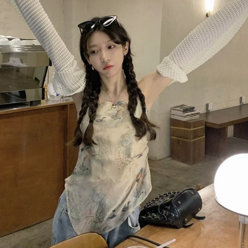 

2 Pcs Sets Women Vintage Hotsweet Hollow Out Jackets Printed Camis Summer Temperament Graceful Chinese Style Prevalent Charming