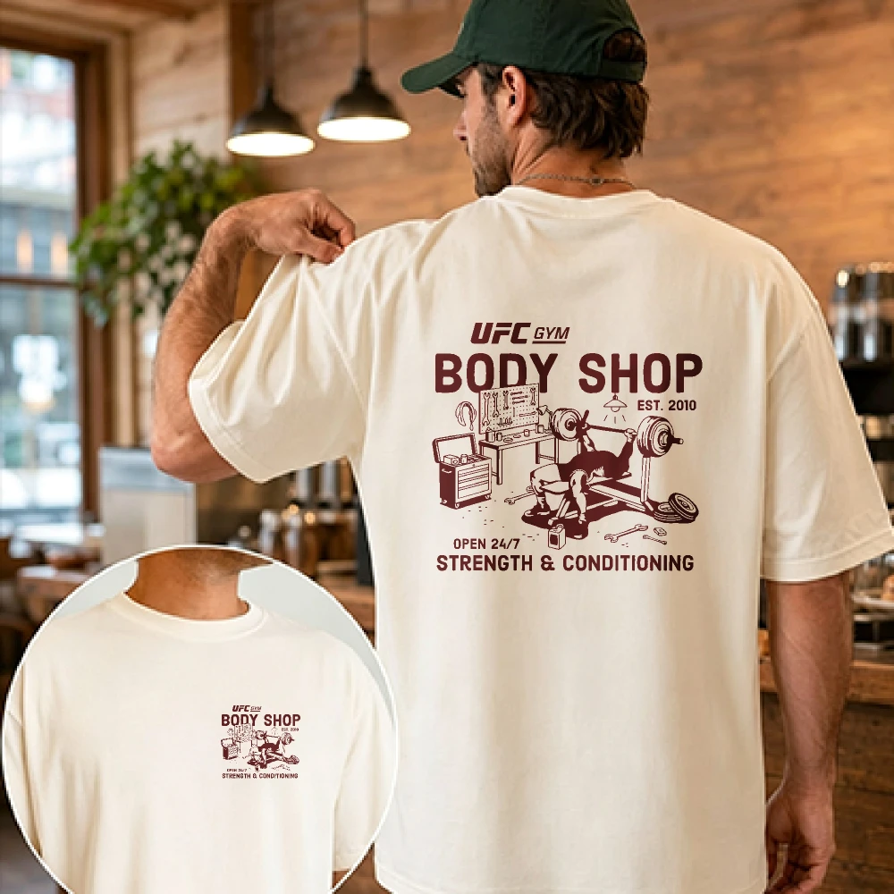 Body Shop Gym Graphic Tee Design Gym Apparel Concept Graphic Cotton Short Sleeve Tee Unisex Sports Training Casual T-shirt