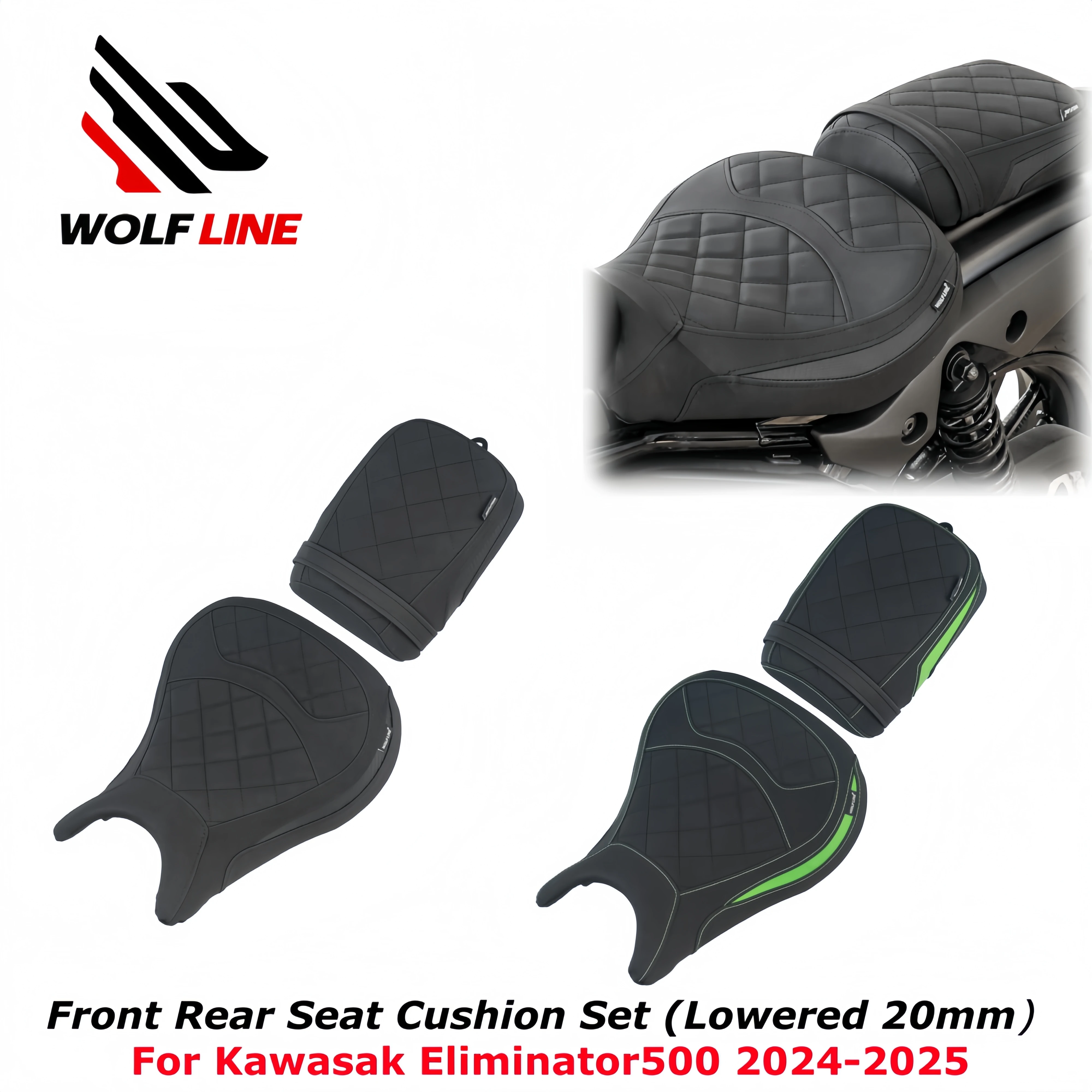 WOLFLINE para Kawasaki Eliminator 500, Juego de Asientos Delantero y Trasero (Rebajado 20mm) 2024-2025