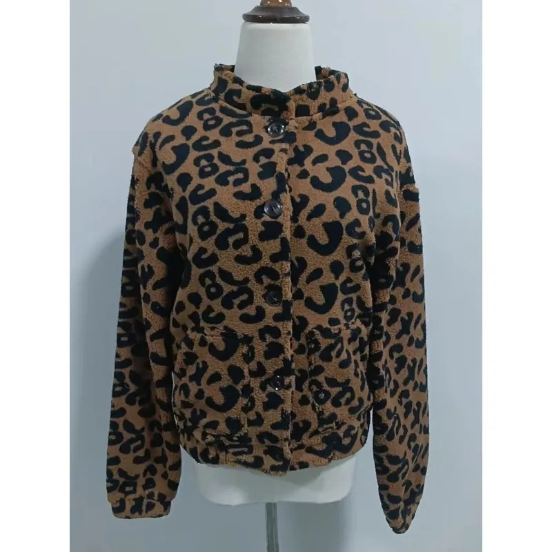 

Elegant Coats for Women 2025 Fall Casual Long Sleeve Pocket Stand Neck Outerwears Fashion Leopard Printed Loose Short Jackets