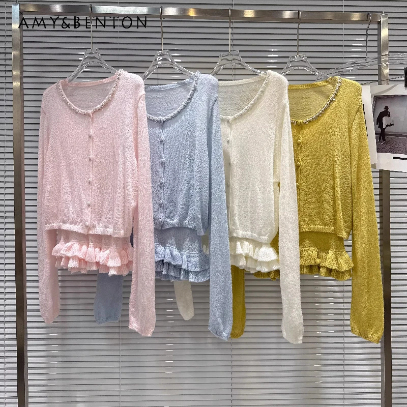 

Korean Gentle Design Pearl-trimmed Women's Cardigan 2026 Spring New Solid Color Sexy Sleeveless Sling Dress Knitted Set Ladies