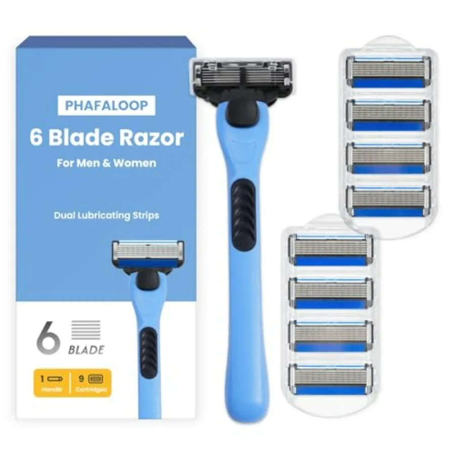 

6-Blade Men's Razor with Dual Lubrication, Shaving Kit for Men, 10 Piece Set, 1 Handle and 9 Refill Cartridges, Smooth Comforta