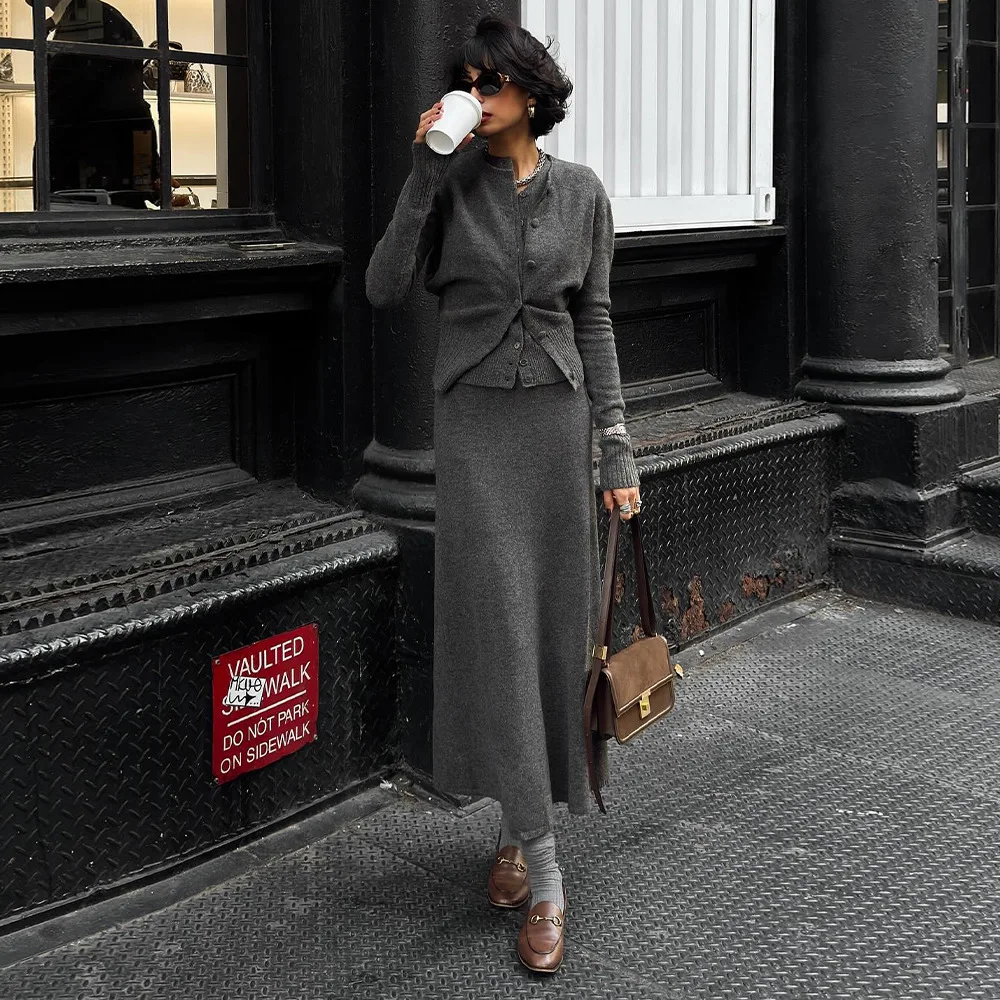 Casual Solid Knit 3 Piece Suit Women Slim Full Sleeve Button Top Long Hip Package Skirts Set 2026 Chic Autumn Winter Sets Lady