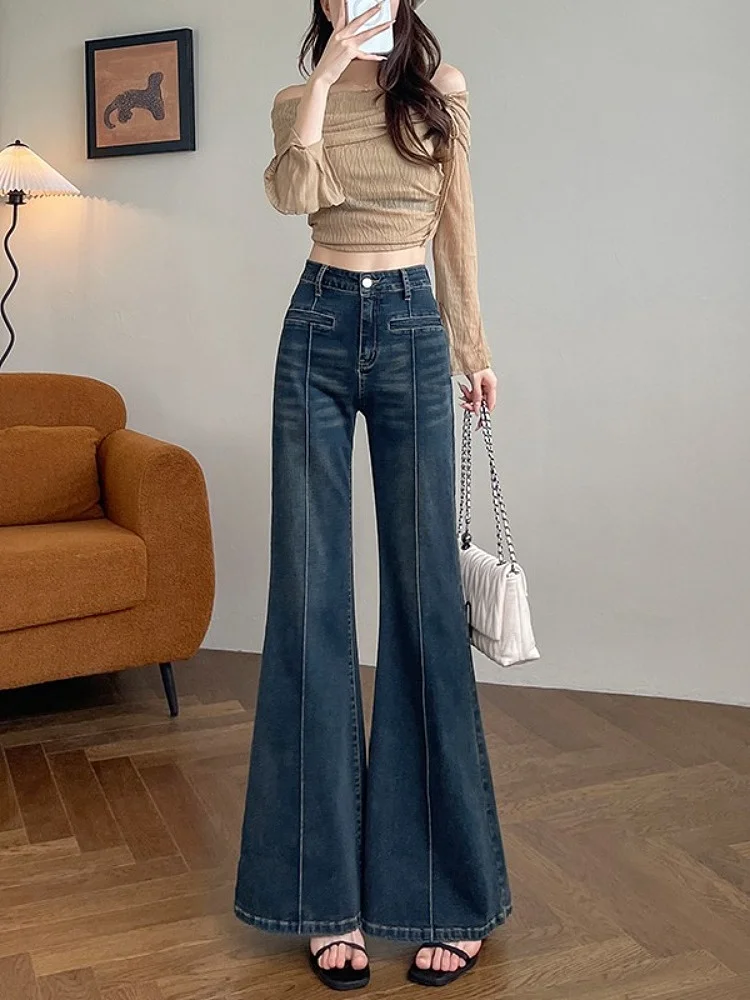 

Расклешенные джинсы с высокой талией, женские длинные брюки, осенние новые универсальные утягивающие джинсы длиной до пола, модные синие джинсовые брюки