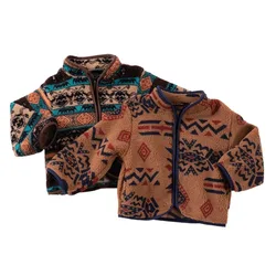 2024 Toddler Autumn New Zip Jacket Children Fashion Retro Ethnic Style Pattern Thickened Warm Coat Daily Casual Clothing