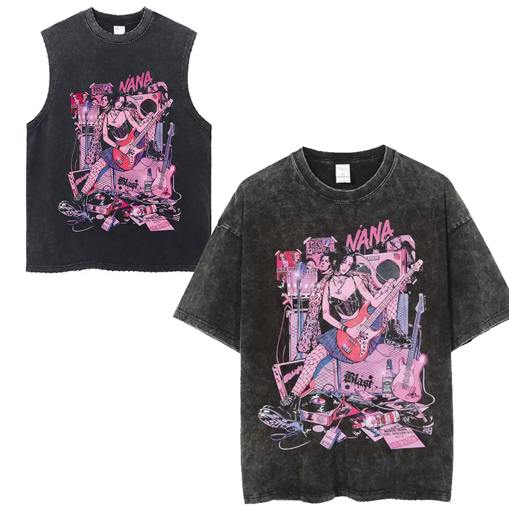 

Винтажные Промытые футболки Graphic Y2K, футболка с рисунком Наны Осаки из аниме, хлопковые летние мужские и женские Топы в стиле хип-хоп