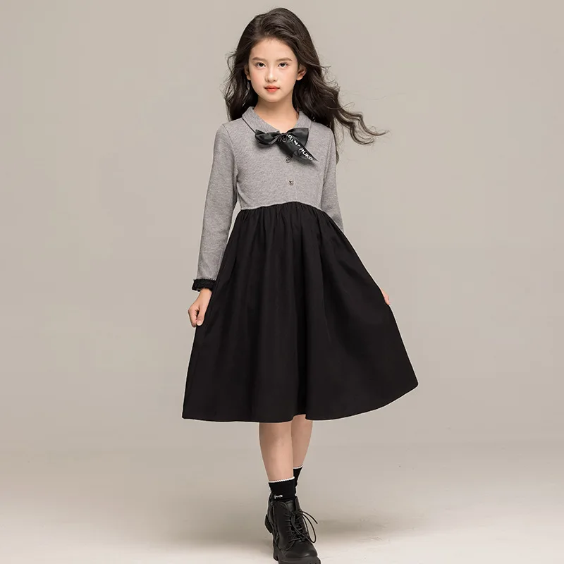 

Korean Baby Girls Dress Autumn Bowknot Turn Down Collar Children Girls Casual Dress Patchwork Long Sleeves Kids Girls Puff Dress
