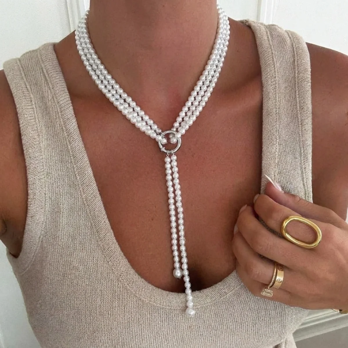 Elegante französische weiße lange Halskette mit kleinen künstlichen Perlen für Damen, Strass-Kreis, verschiedene Tragevarianten, Pulloverkette, Schmuck – Detail 22