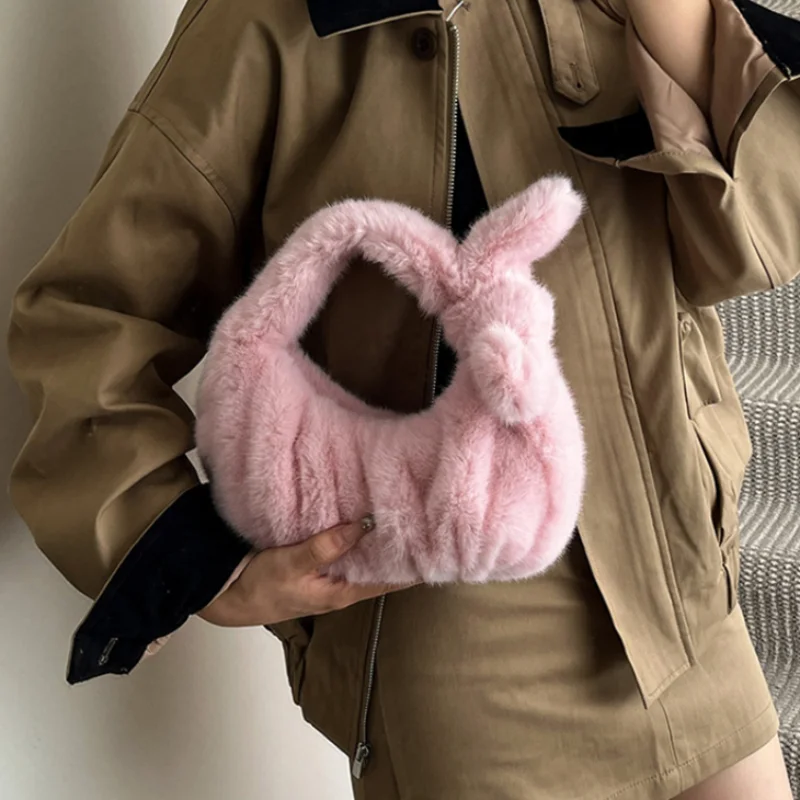 المرأة الفاخرة أفخم مخلب لطيف القوس على شكل حقيبة يد سماعة محفظة نسائية للعملات المعدنية موضة فو الفراء بلون لينة مطوي سحابة حقيبة #3