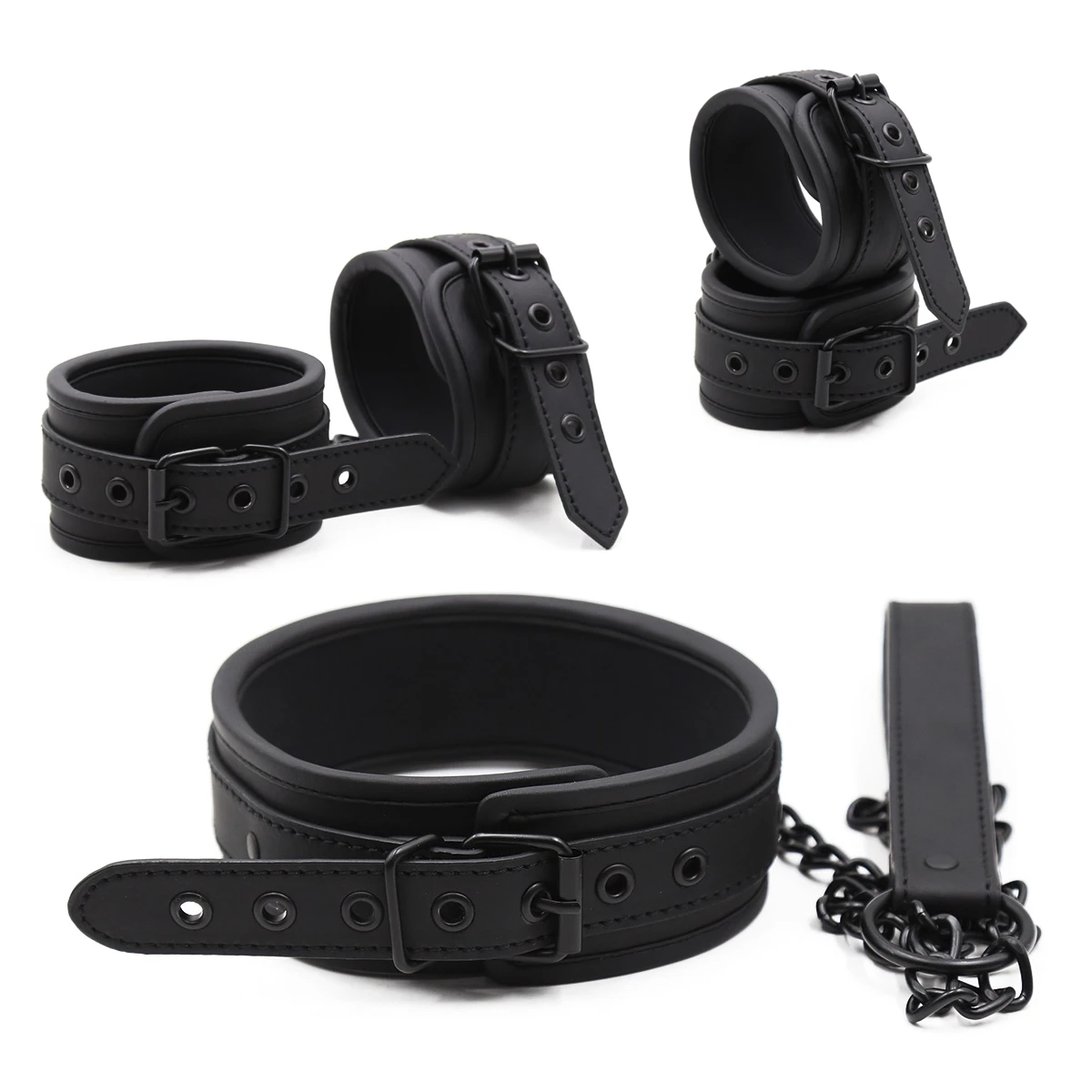 Thierry PU Leather SM Products Wrist Cuffs & Ankle Cuffs & Neck Collar Set, BDSM Bondage Sex Toys, Hancuffs Cosplay Accessories