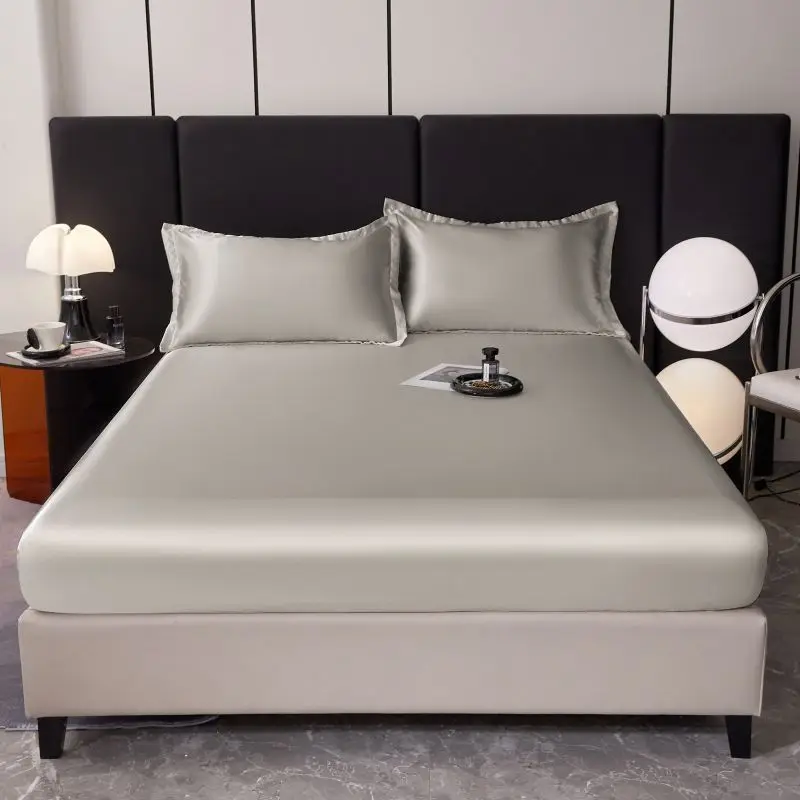 2025 new machine washable ice silk fitted sheet solid color cool silk mattress protective cover single piece no pillowcase