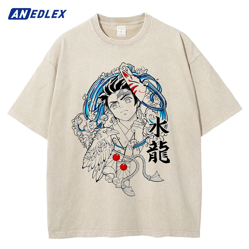 Summer Short Sleeve Apricot Tees Harajuku Streetwear Japanese Anime Graphic Print T-Shirts Men Harajuku Cotton Casual Loose Tees