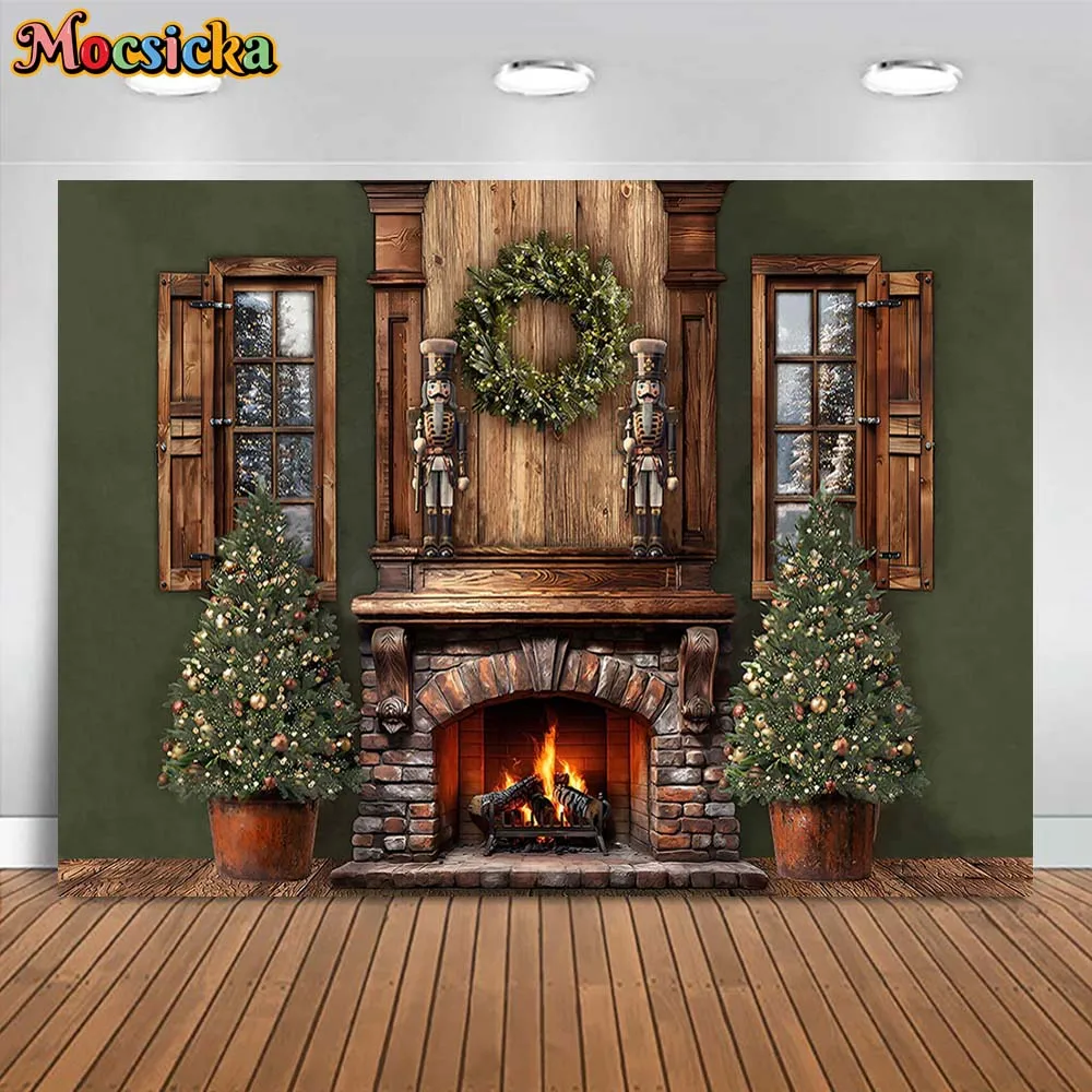 

Mocsicka Christmas Backdrops for Photography Green Wall Wooden Window Fireplace Xmas Tree Family Portrait Photo Background Props