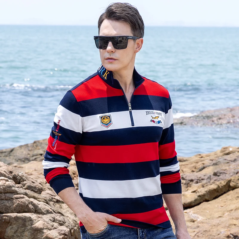 New Four Season Thicken Striped Long Men's Polos Stand Collar Bruce&Shark Cotton Polos for Men Big Size 4XL Top Qualiy Korean