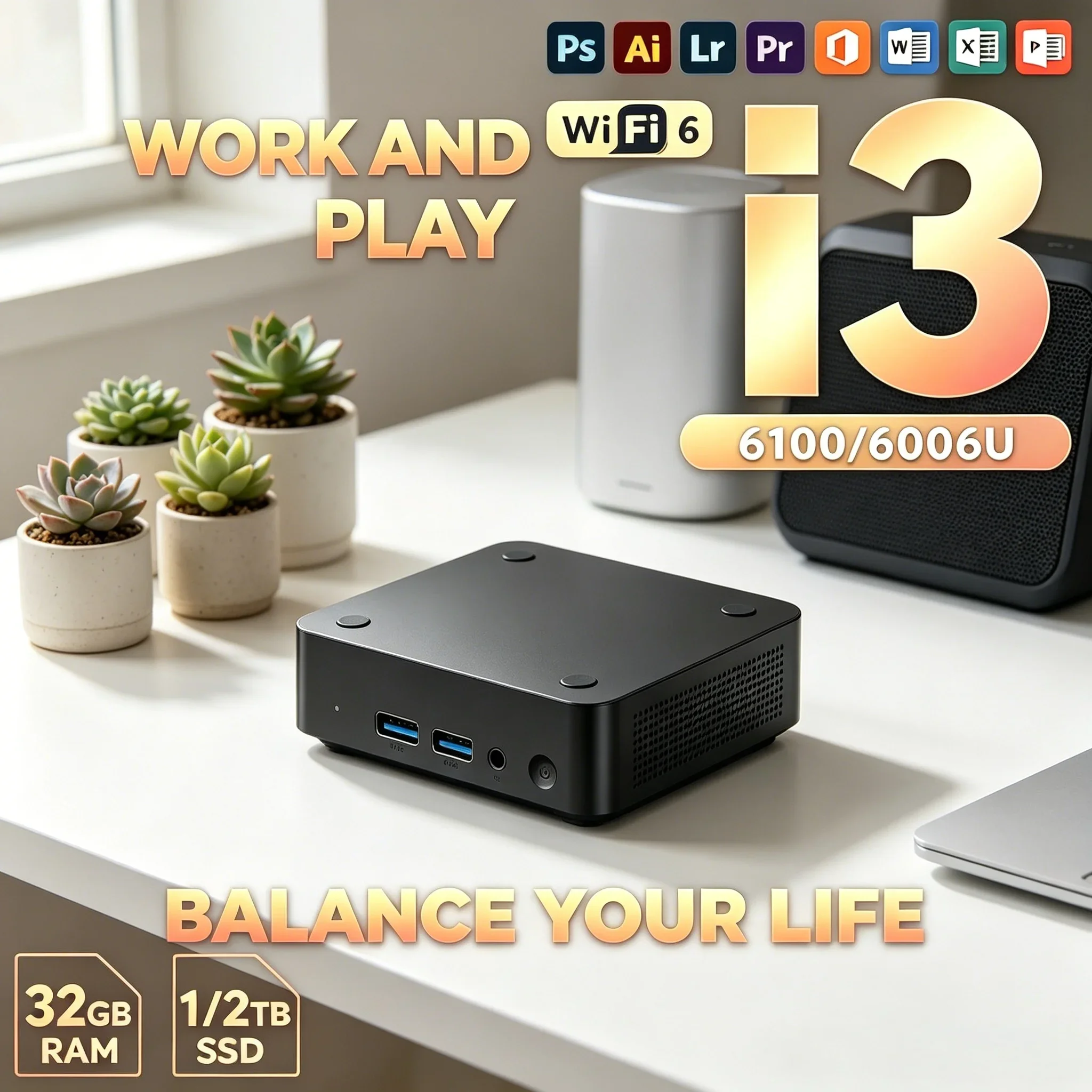 Mini PC WIFI6 BT5.2 com 32GB de RAM, Rede Rápida, Escritório Remoto, Edição de Vídeo, Mini Host