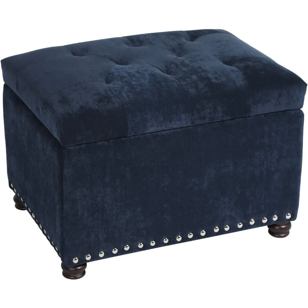 High End Classy Tufted Accents Rectangular Storage Bench Ottoman Footstool in Blue – 24