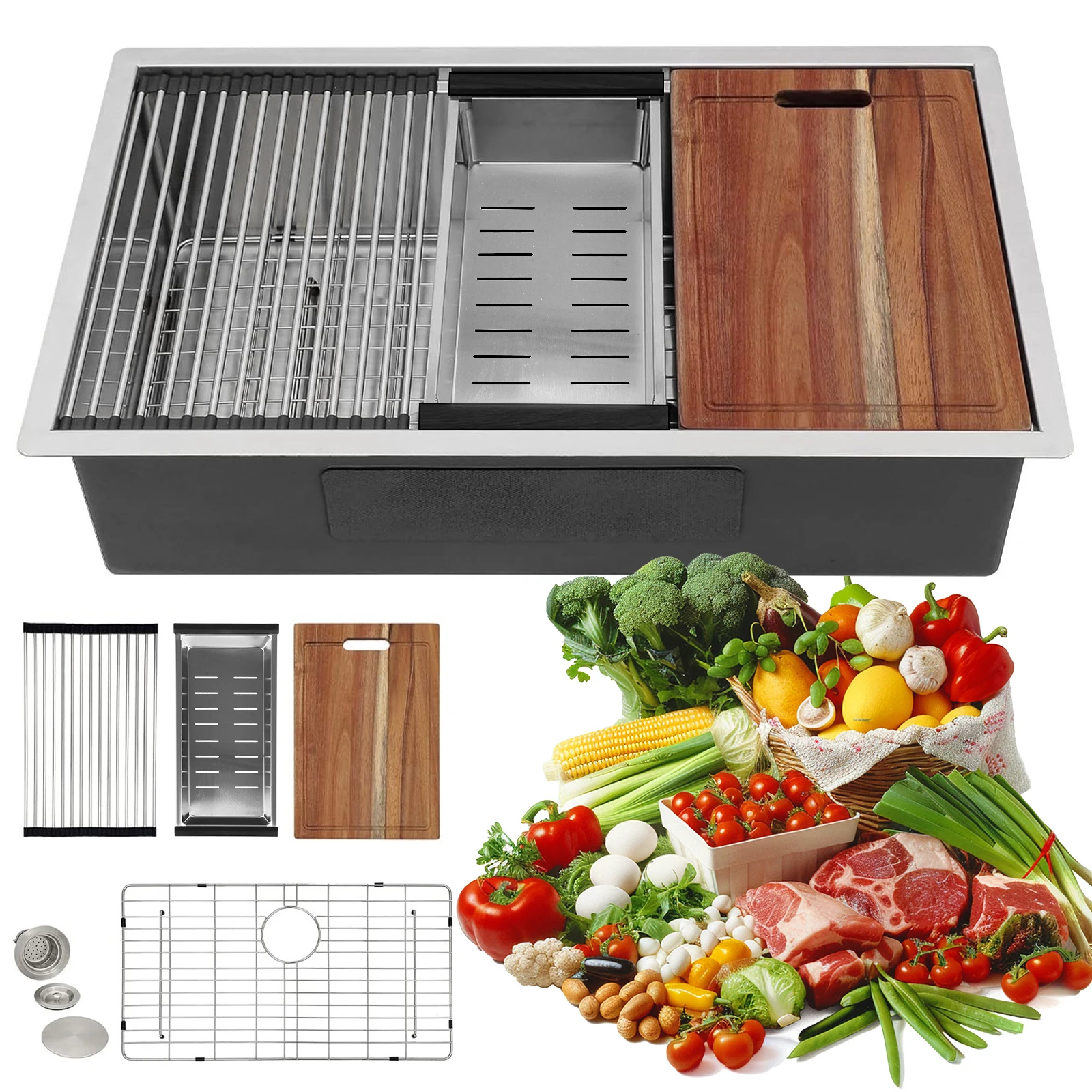 

16 Gauge Undermount Kitchen Sink with Bottom Grid Basket Strainer 30/33 Inch Built-in Kitchen Sink Single Bowl Ledge Workstation