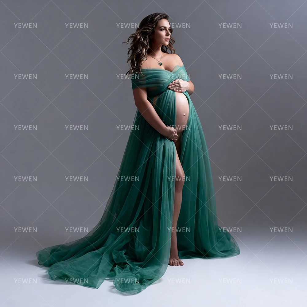 Maternity Photoshoot Dresses Green Tulle Off-the-Shoulder Sheer Wrap Evening Dresses for Pregnant Women Maternity DressYW260315D