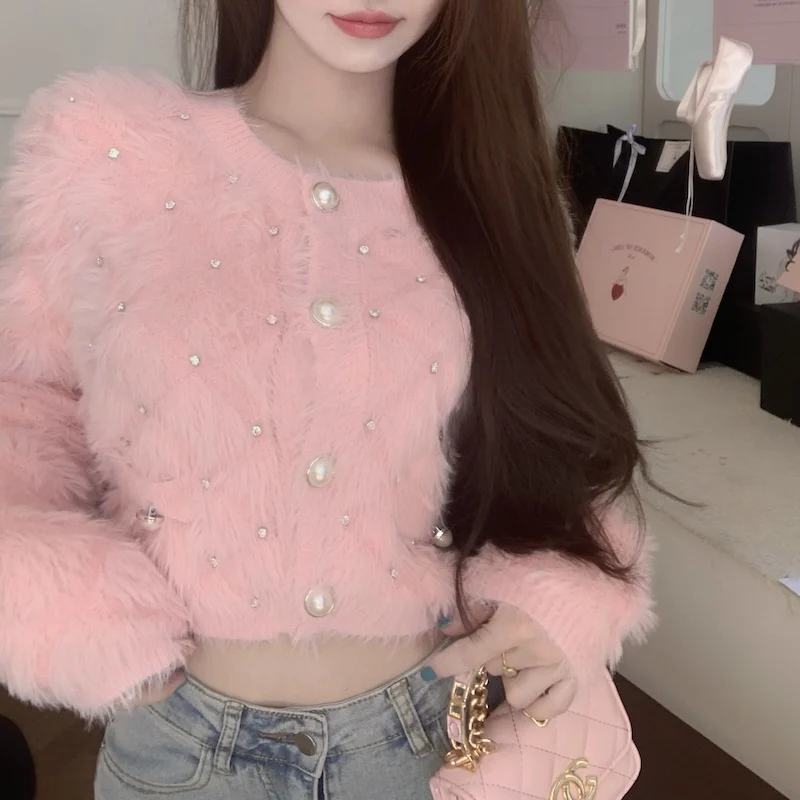 Diamond Long-sleeved White Pink Warm Sweater Women Autumn 2023 Plush Knitted Sweater Crop Cardigan Short Top Ropa De Mujer