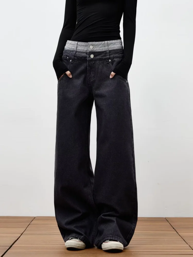 2025 Trend Y2K New Fashion Double Waistband Black Grey Baggy Women's Jeans Pants For Woman Clothes Straight Cotton Long Trousers