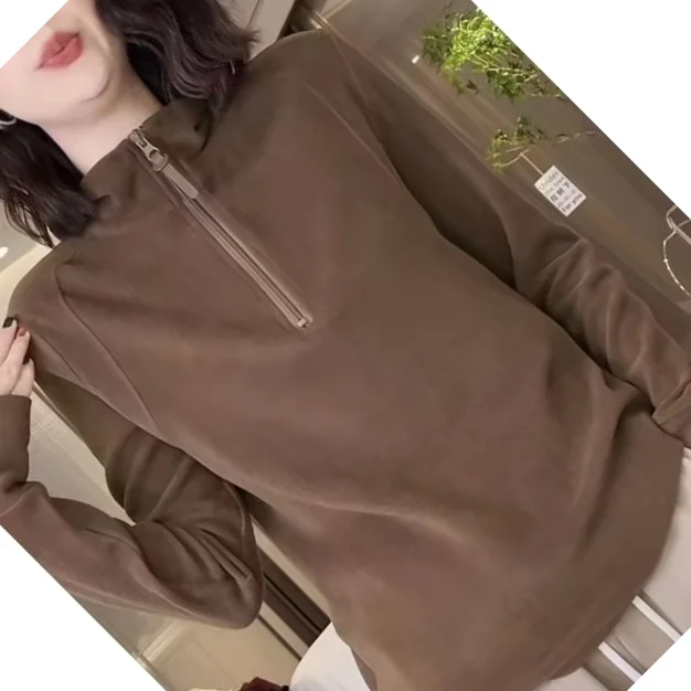 Large Size Women's Clothing Autumn And Winter New Solid Color Casual Versatile Stand-up Collar Zipper Long-sleeved Sweater