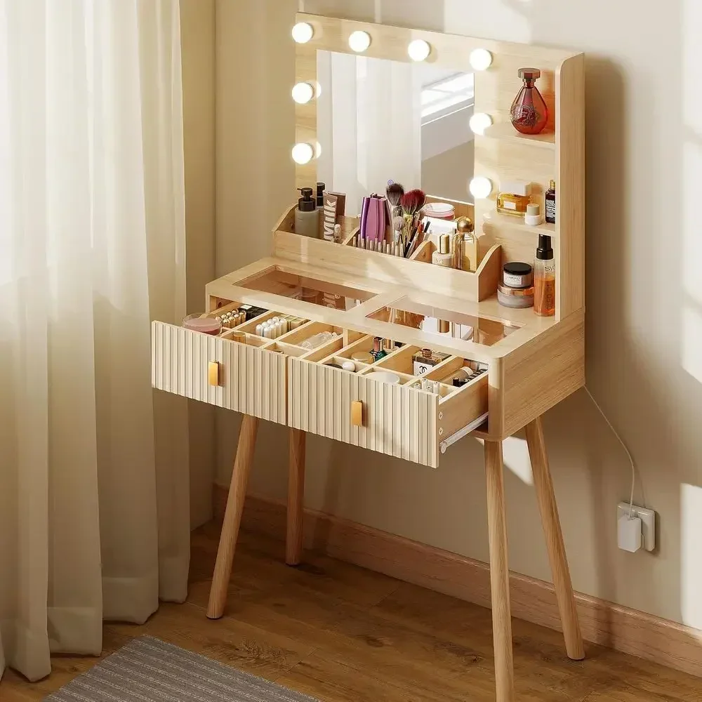 31.5 Luted Dressing Table with Mirror and Bulb Lights, Desk with 2 Drawers, Vanity Desk with Glass Top & Dividers for Bedroom, 3