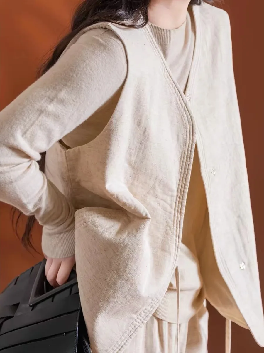 Authentic Thickened Cotton Linen Vest 2026 Winter New Style V-Neck Pure Color Belted Simple Artistic Women's Cardigan