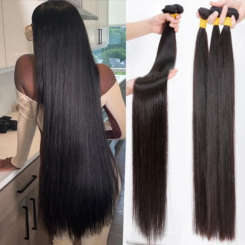 Cabelo humano brasileiro reto do osso, extensões 100% Remy, cor preta natural, 3 ou 4 pacotes, 28 dentro, 30 dentro, 32 dentro