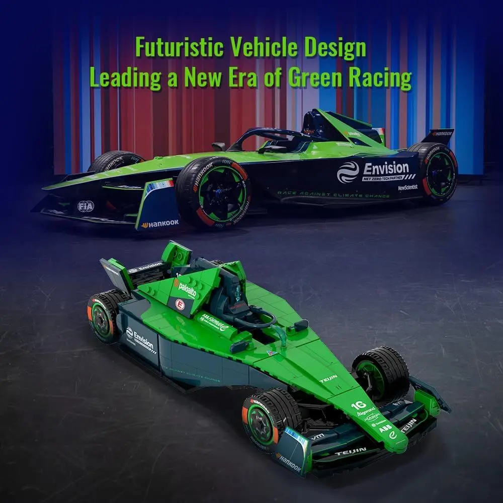 Kit di costruzione della squadra di Formula E: modello di auto da corsa PANTASY Envision con podio, minifigure e display dettagliato per Motorsport Enth