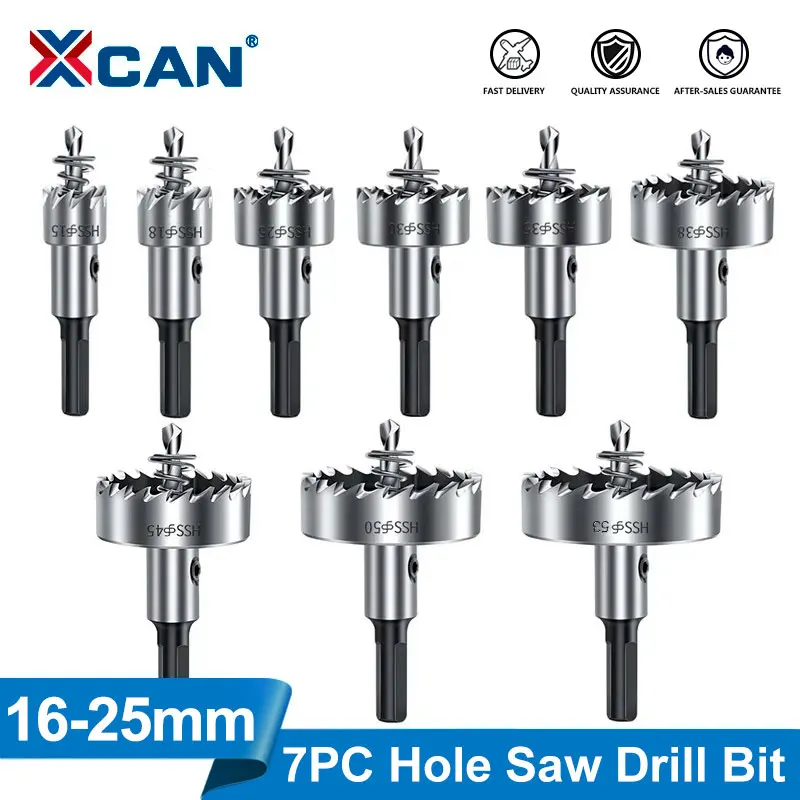 XCAN 7 قطع HSS طقم منشار ثقب معدني 16 مم - 25 مم، قاطع ثقب كربيد التنغستن للمعادن الصلبة والبلاستيك والخشب والحديد