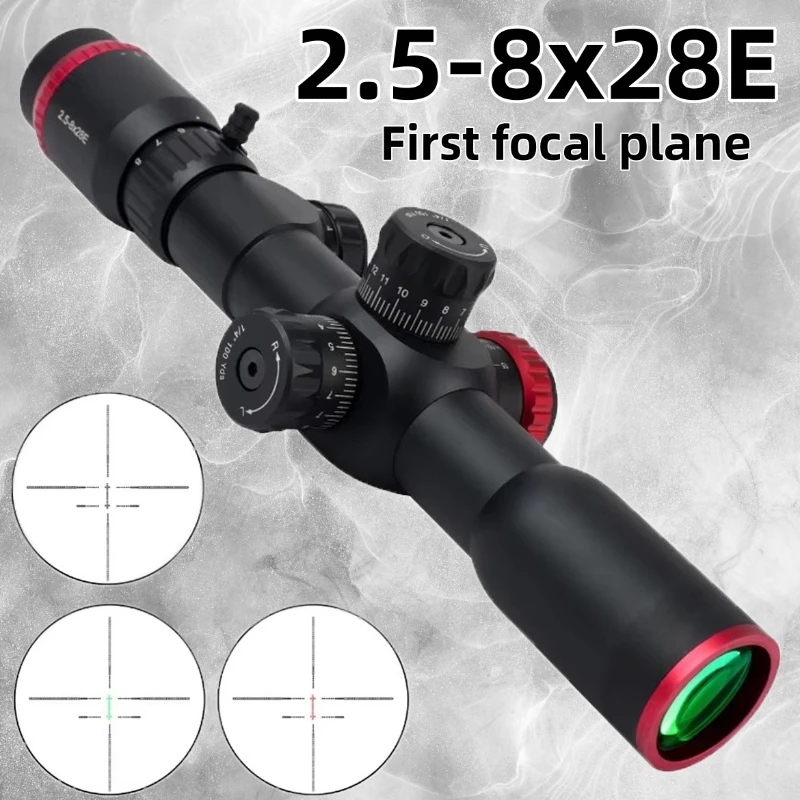 FFP 2.5-8x28E Tactical Green Red Illuminated Double Cross Reticle Hunting Sight Fit Optics Airsoft Riflescope 11/20mm Rail Mount