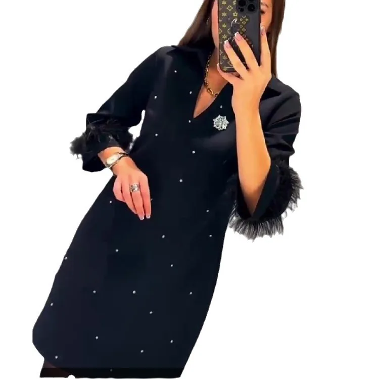 Black Feather Long Sleeve V Neck Dress For Women\'s  Fashionable Socialite Light Luxury Classic Hot Diamond Party Ladies Dresses