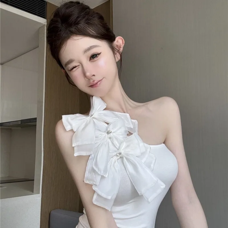 Pure Desire Wind Slanted Shoulder Tube Top Summer New Super Fairy Beauty Bow Off The Shoulder Slim Temperament Short Vest Women