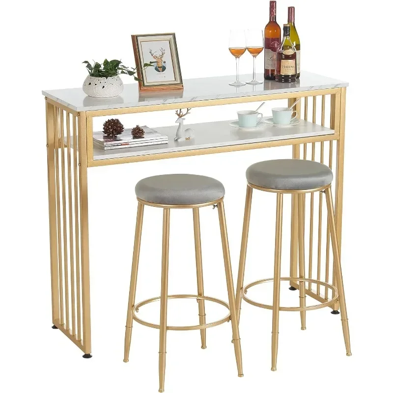 

Gold Bar Table, High Top Pub Tables for Kitchen, Modern Dinning Table with Open Storage Shelf, Liquor Unit