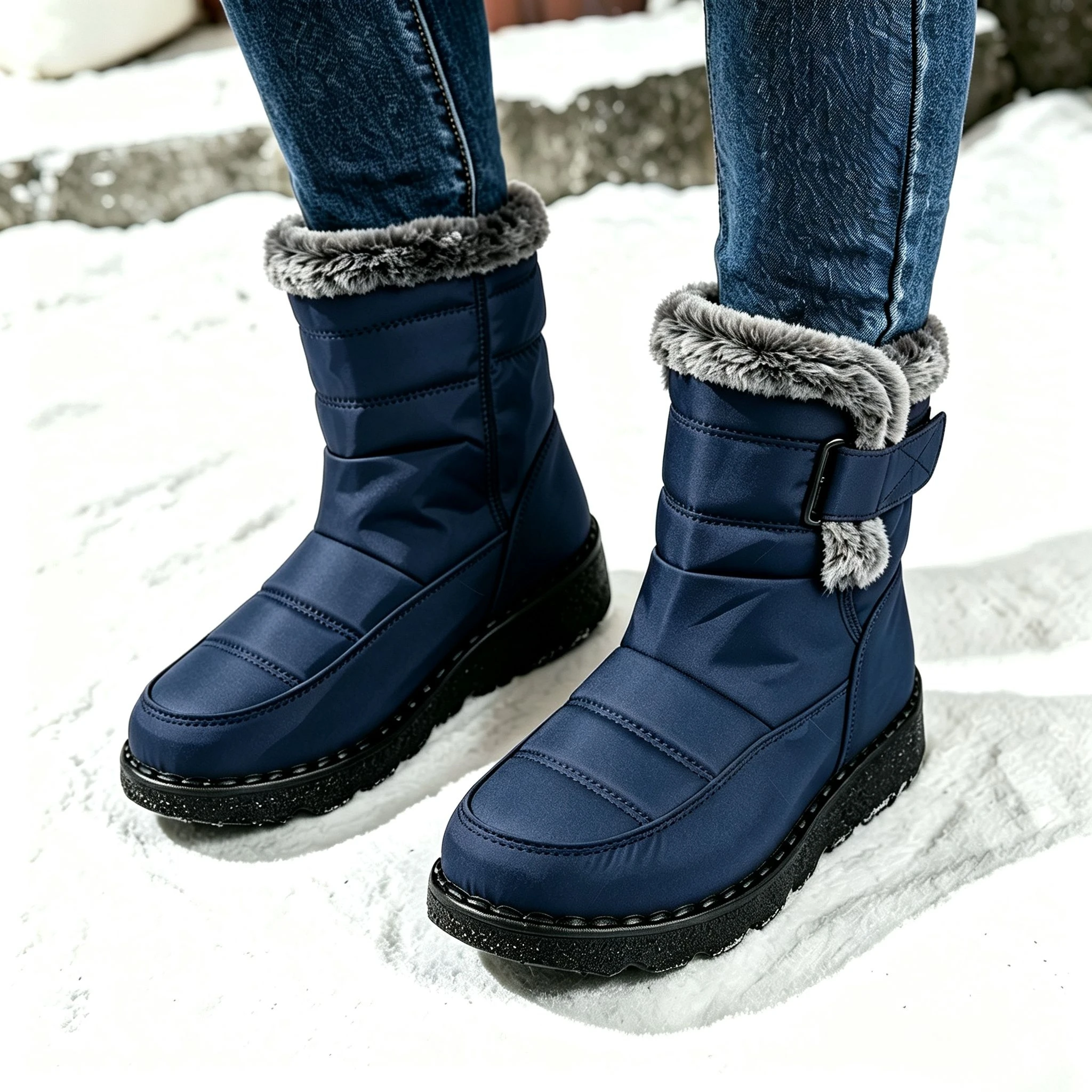 Damen Winter Pelzige Plateau-Schneestiefel 2026 Trend Wadenlange Winterstiefel Wasserdicht Rutschfest mit Schnalle Warm Flauschig Outdoor – Detail 18