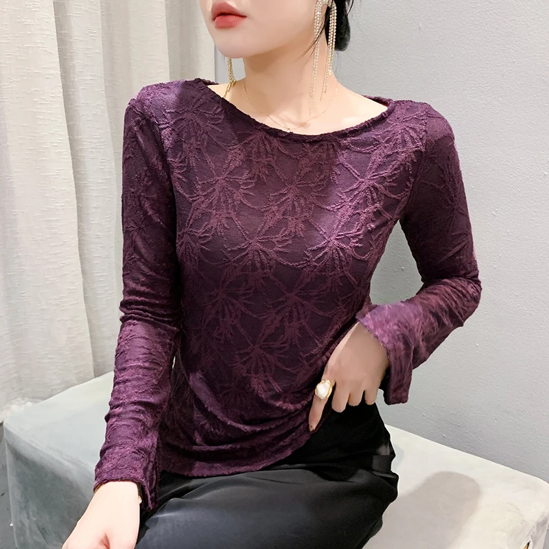 

M-4XL Irregular Flare Sleeves Lace Shirt Long Sleeved Base Shirt Autumn New Hollow Out Sexy Women's Tops
