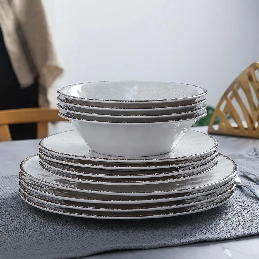 Rustic White Melamine Dinnerware Set for 4, Suitable for RV and Camping, Dishwasher Safe