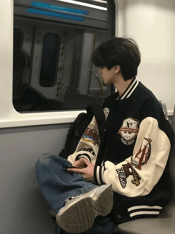 

Retro American Heavy Embroidery Baseball Jaet Loose Fit ex Spring Autumn Trendy Outerwear Youth Polyester Long Sve