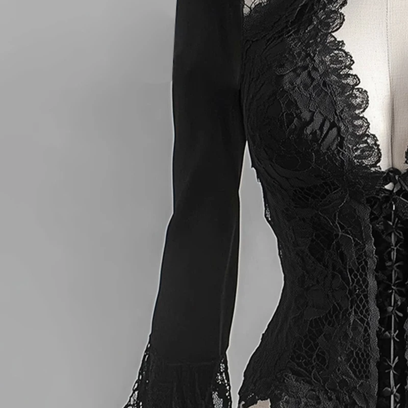 

Goth Y2k Top Women Girls Black Slim Fit Elegant Court Lace See-Through Stand Collar Cut Out Flare Sleeve Shirt blusas femme