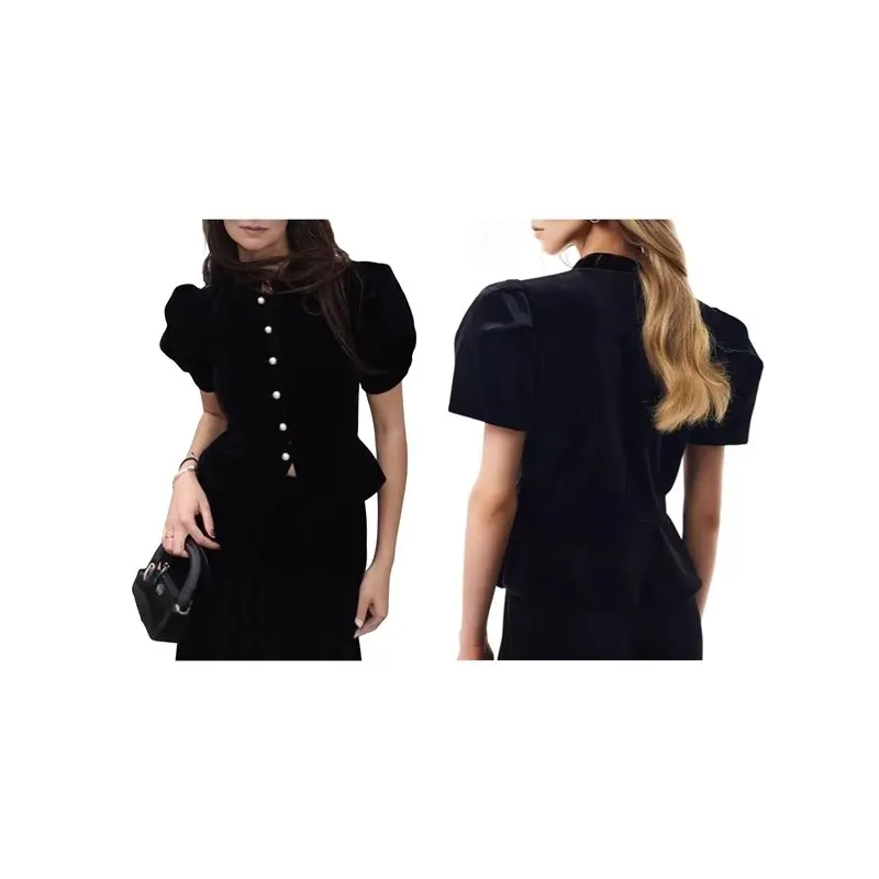 

CYL-Womens Puff Short Sleeve Cardigan Summer Button Down Shirts Knit Crew Neck Sweater Tops