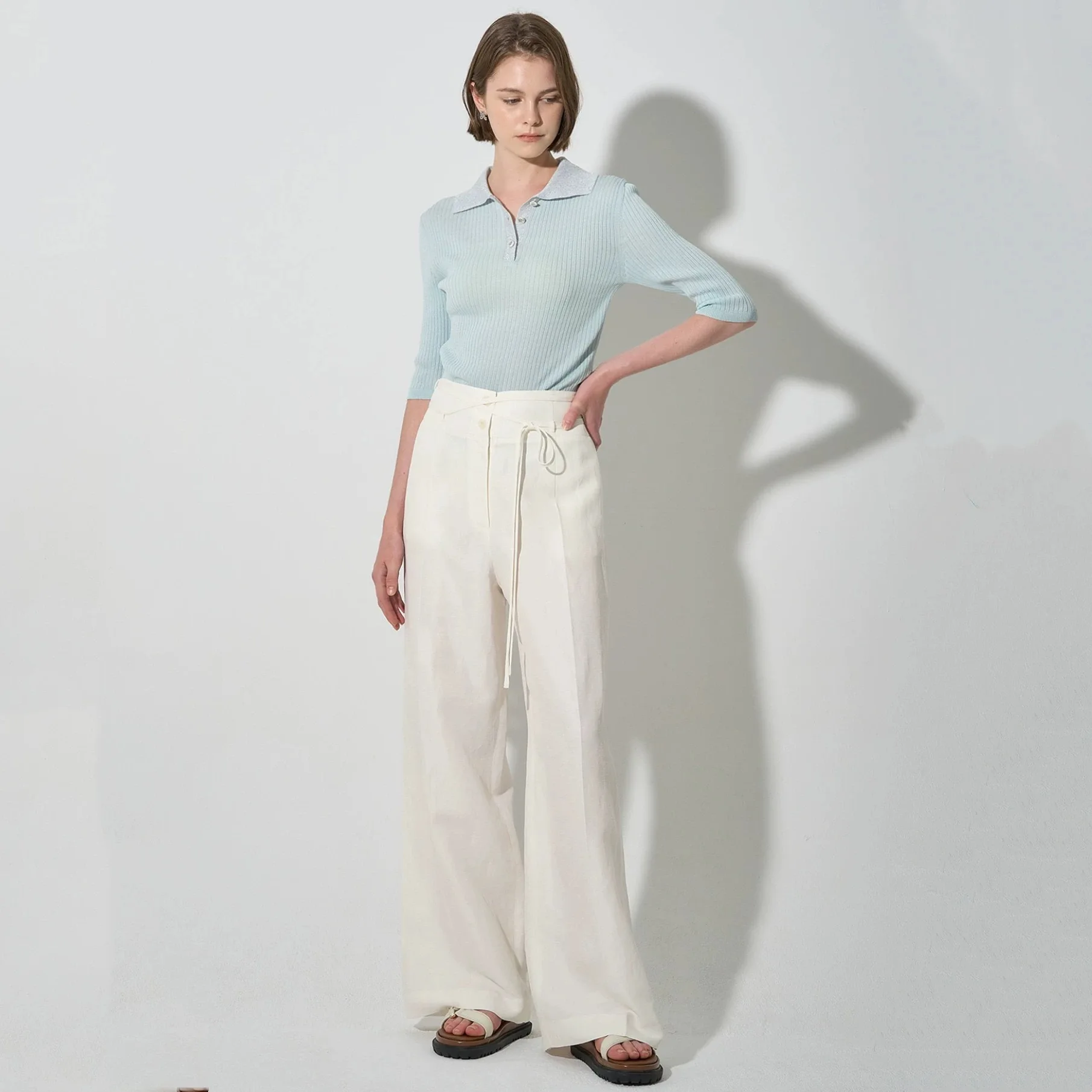 Broek met hoge taille en wijde pijpen Linnen materiaal Woon-werkverkeer Faion Belt Design Dames casual broek Comfortabele broek met hoge taille