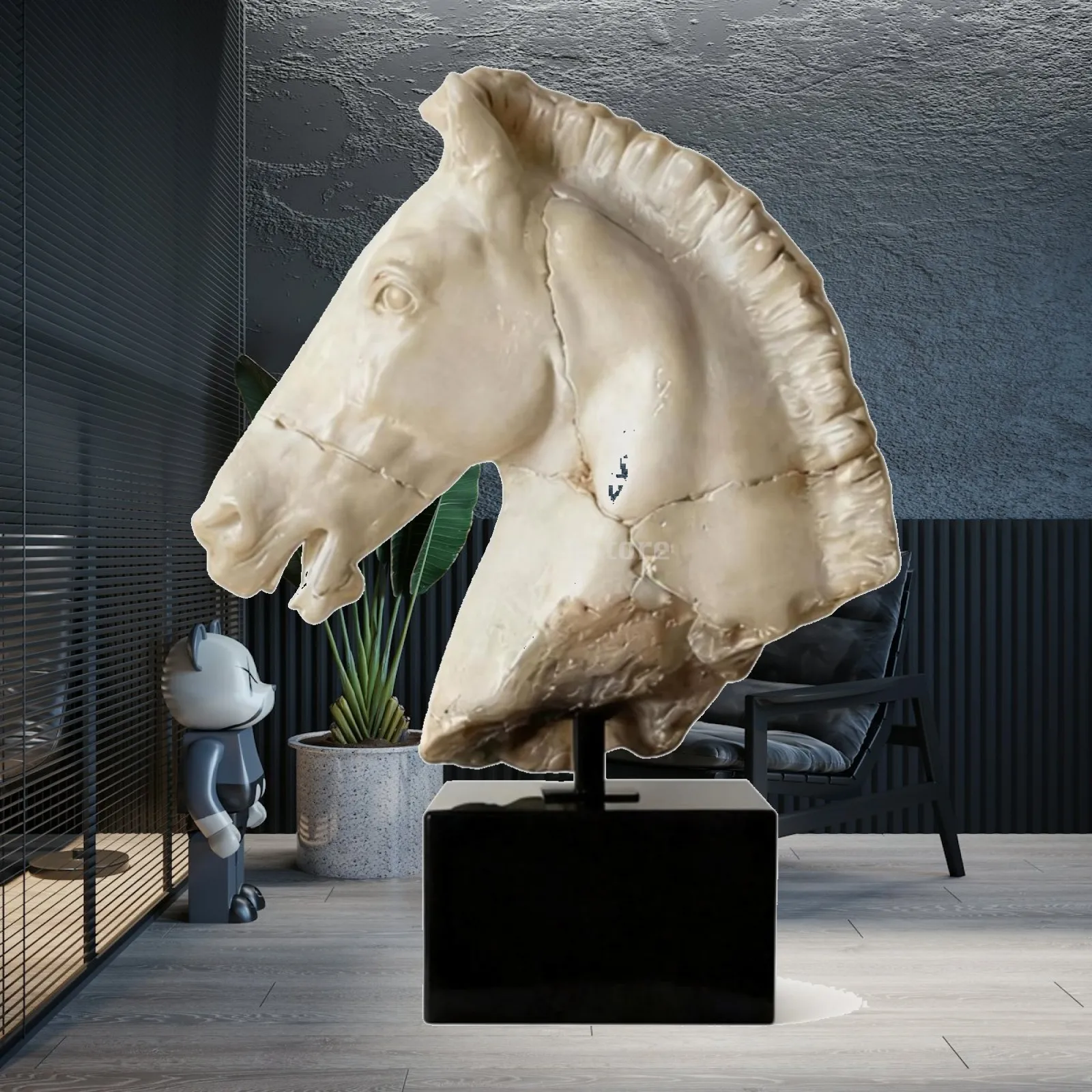 White Horse Head Resin Figurine Abstract Art Decor Aged Crackle Texture Sculpture for Desk Shelf Home Accent Piece