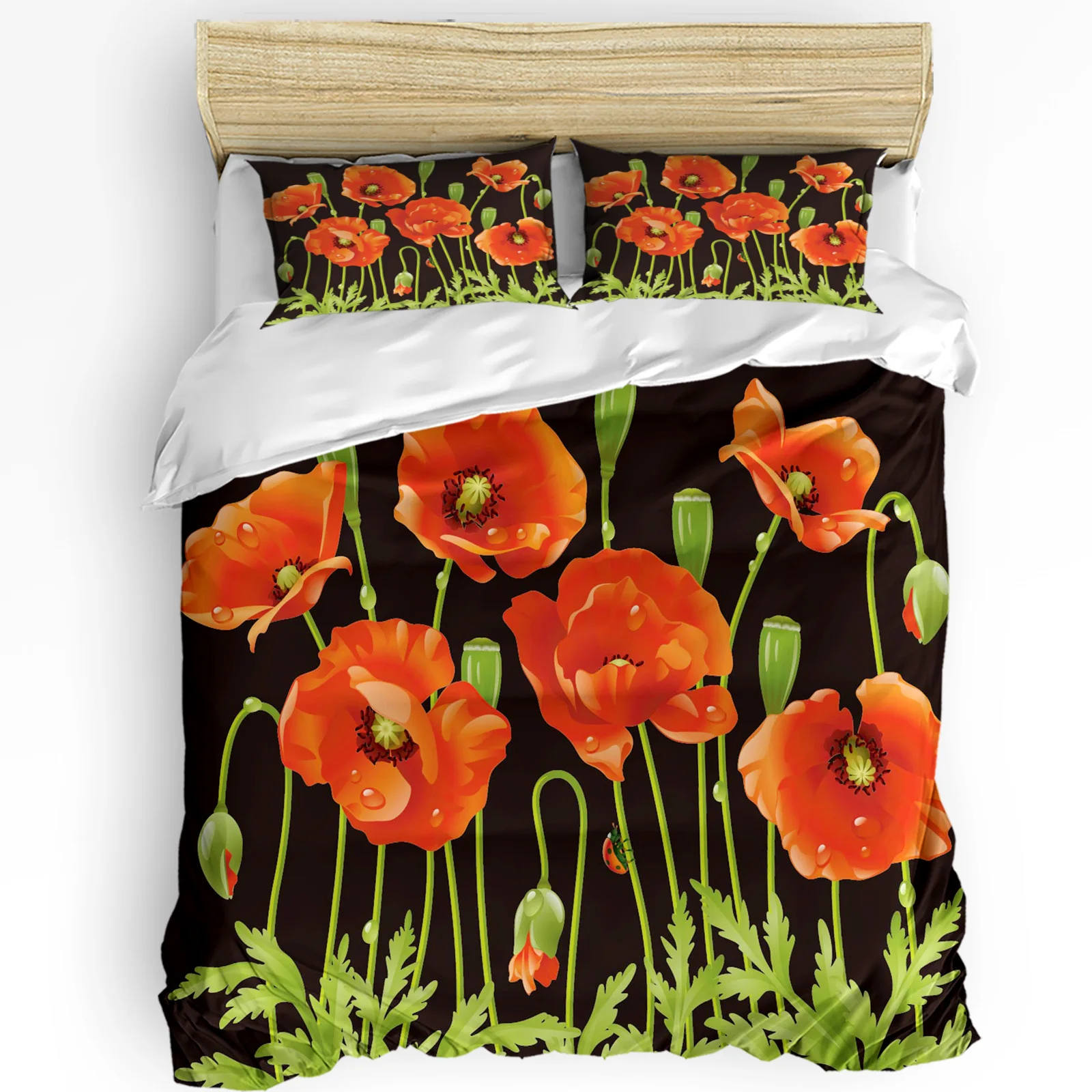 

Red Flower Green Leaves Plant White 3pcs Bedding Set For Bedroom Double Bed Home Textile Duvet Cover Quilt Cover Pillowcase