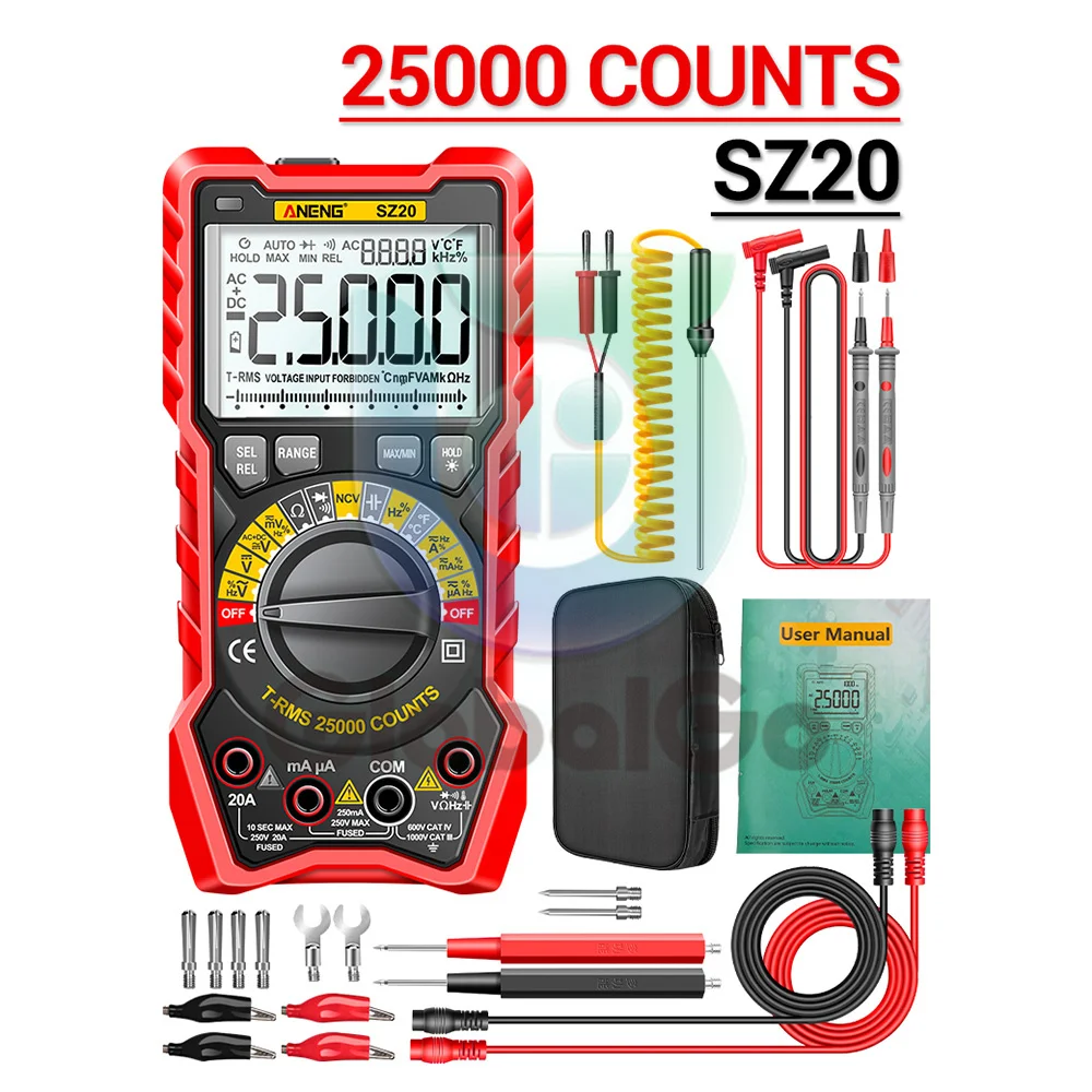 Multímetro Digital Profissional 25000 Contagens Medidor de Corrente ac dc Testador de Tensão para Carro Ohm Temp Capacitor Aneng-sz20