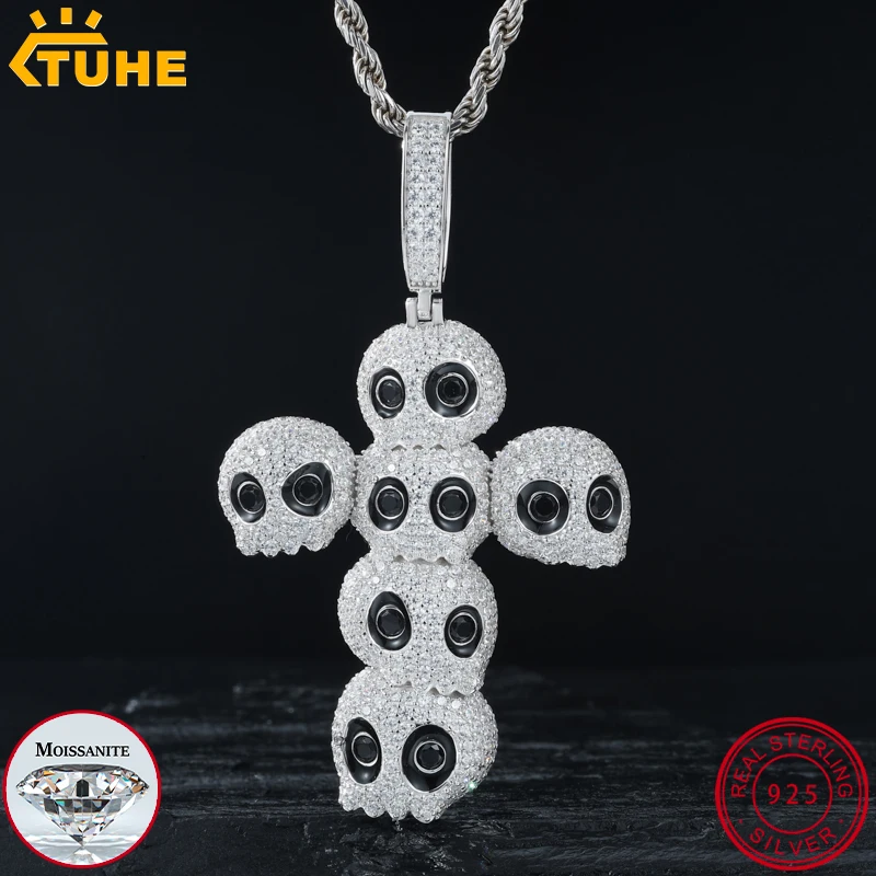 TUHE High Quality Skull Cross Pendant Moissanite Keleton 925 Silver Pendant For Men Women Hip Hop Jewelry Gift