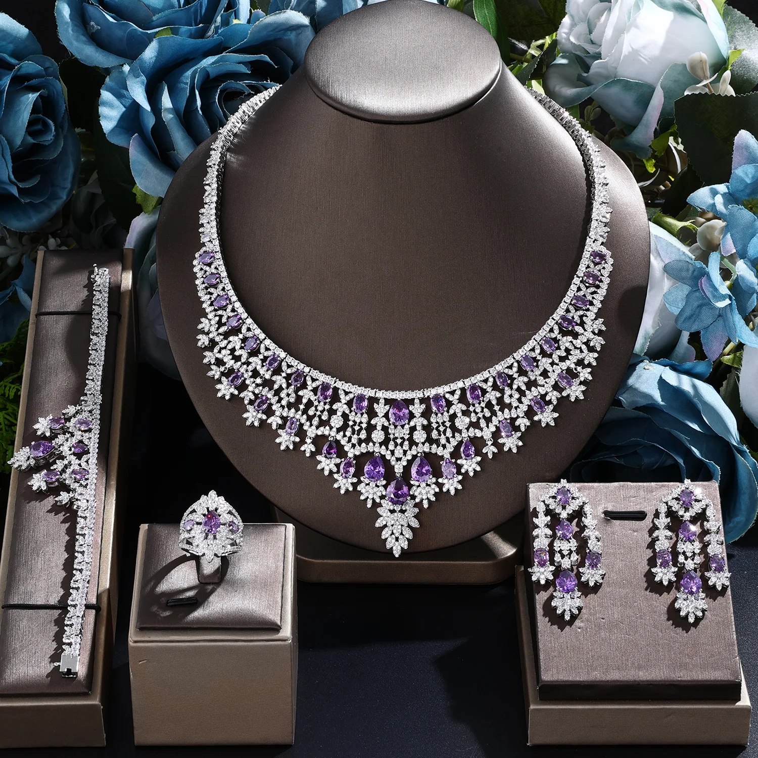 

Middle East Bridal Jewelry Wedding Accessories Annual Party Gala High-end Necklaces Bracelets Earrings Rings 4-piece set