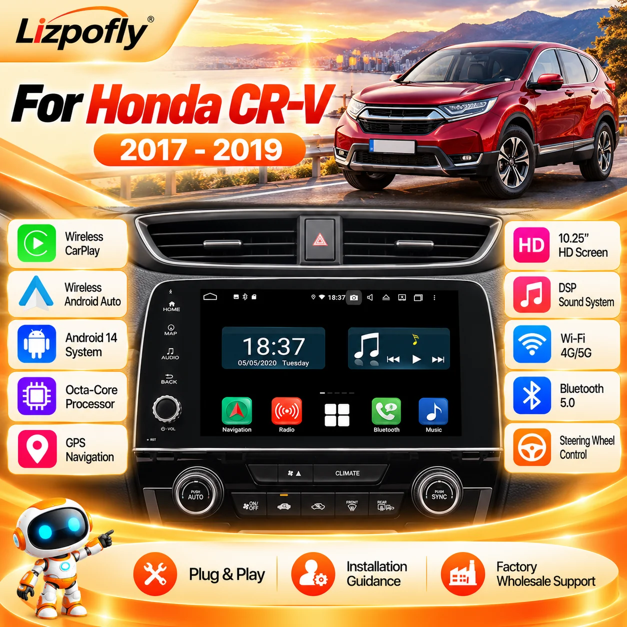 GPS Navigation Android 14 Multimedia Car Radio For Honda CRV 2017-2019 Stereo Video Player Head Unit