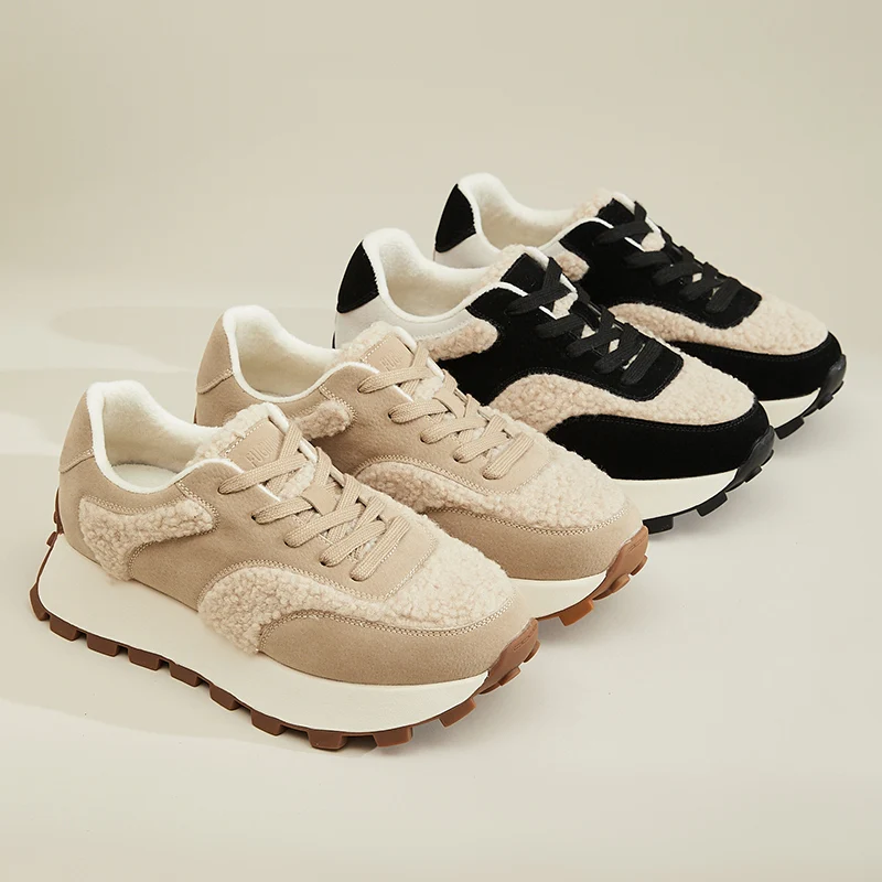 AUTUSPIN Winter Warm Sports Shoes Women New Arrival Genuine Leather Flats Platform Ladies Wool Splicing Sneakers Woman Fashion